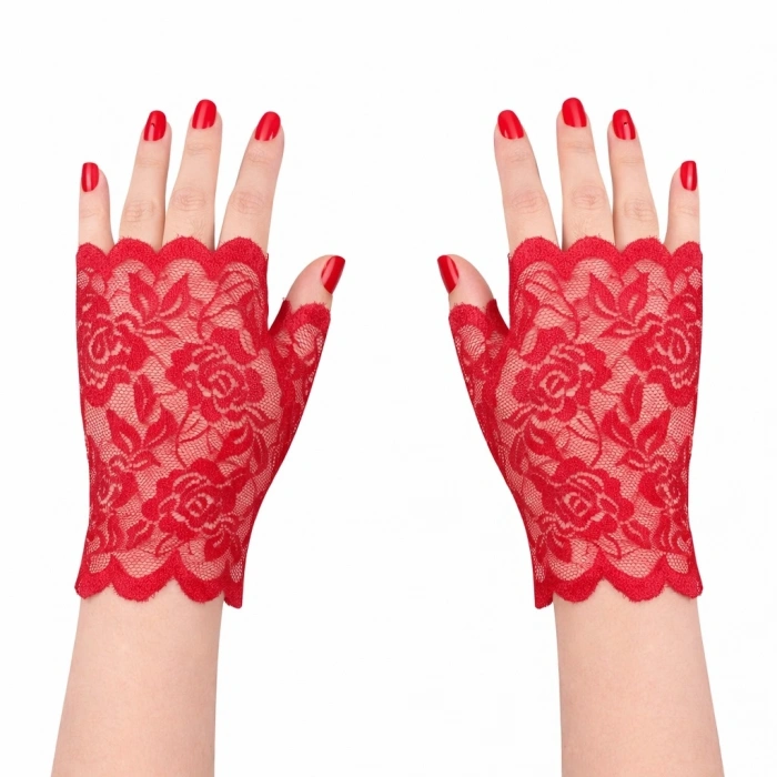 Mey İthalat® Kırmızı Dantel Parmaksız Kısa Eldiven