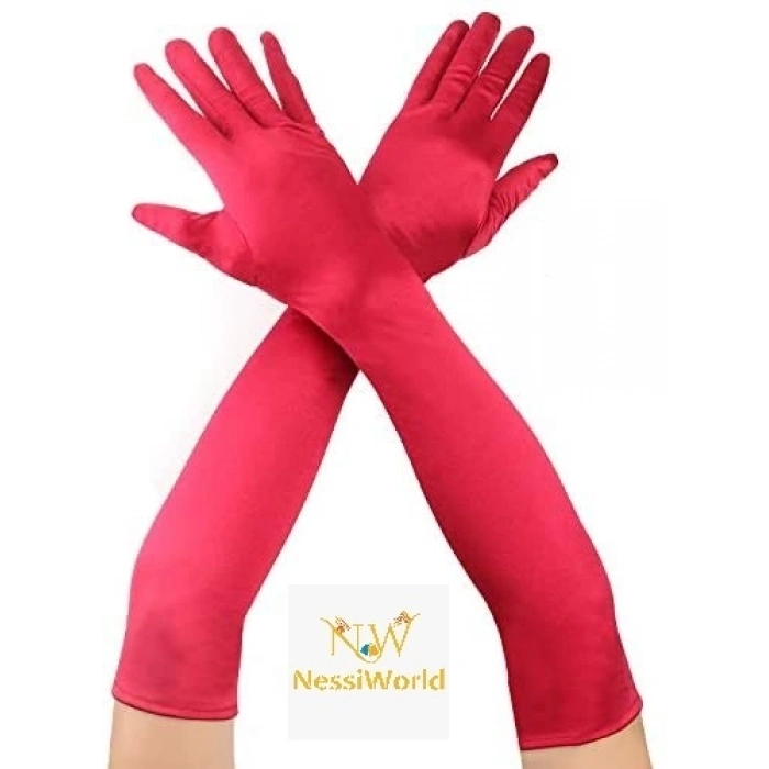 Mey İthalat® Kırmızı Renk Dirseğe Kadar Uzun Kumaş Eldiven 40 cm