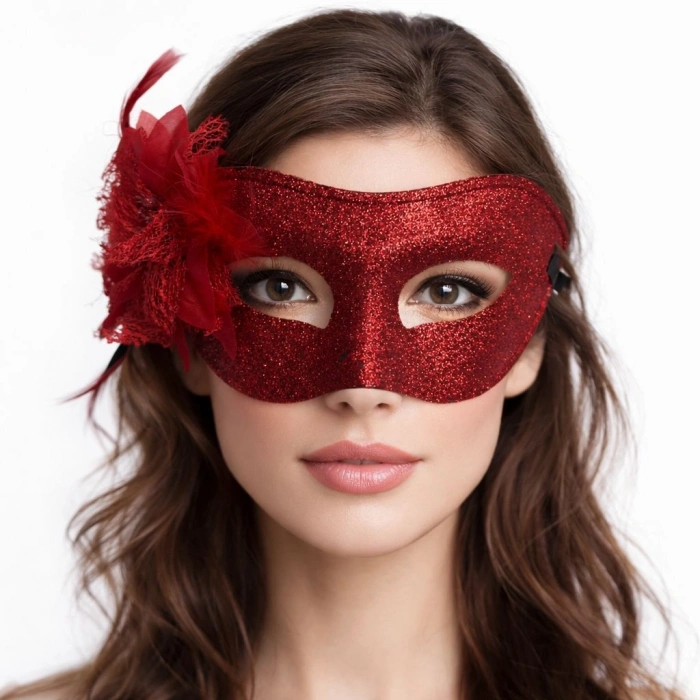 Mey İthalat® Kırmızı Simli Tüylü Balo Maskesi – Kadın Parti & Maskeli Balo Maskesi