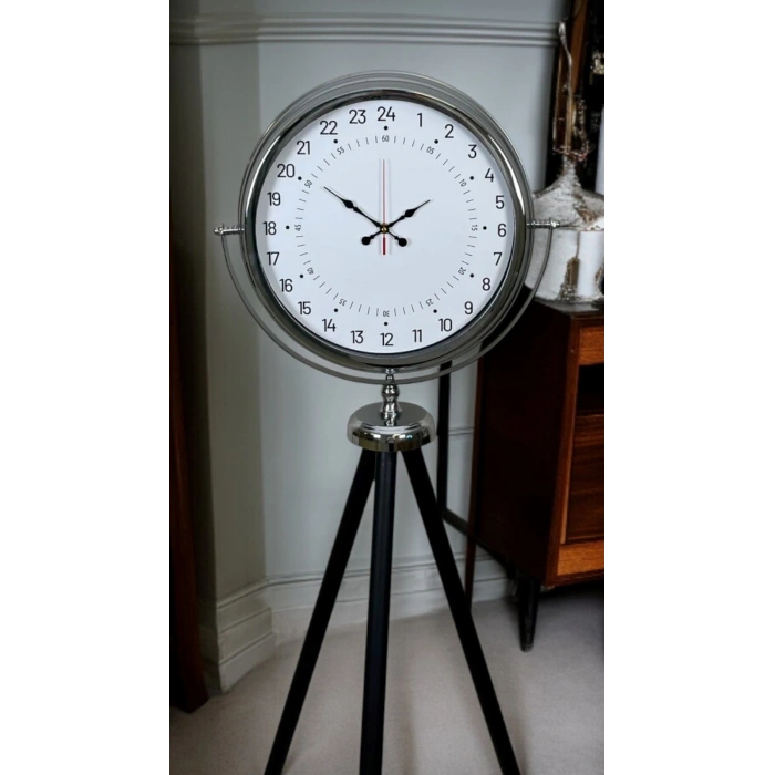 Mey İthalat® Krom 24 Saat Göstergeli Özel Tasarım Tripod Ayaklı Saat