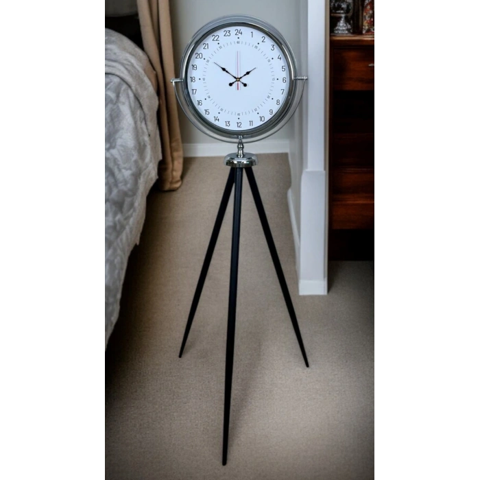 Mey İthalat® Krom 24 Saat Göstergeli Özel Tasarım Tripod Ayaklı Saat