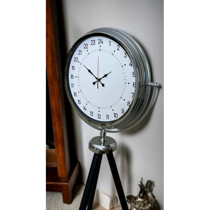 Mey İthalat® Krom 24 Saat Göstergeli Özel Tasarım Tripod Ayaklı Saat