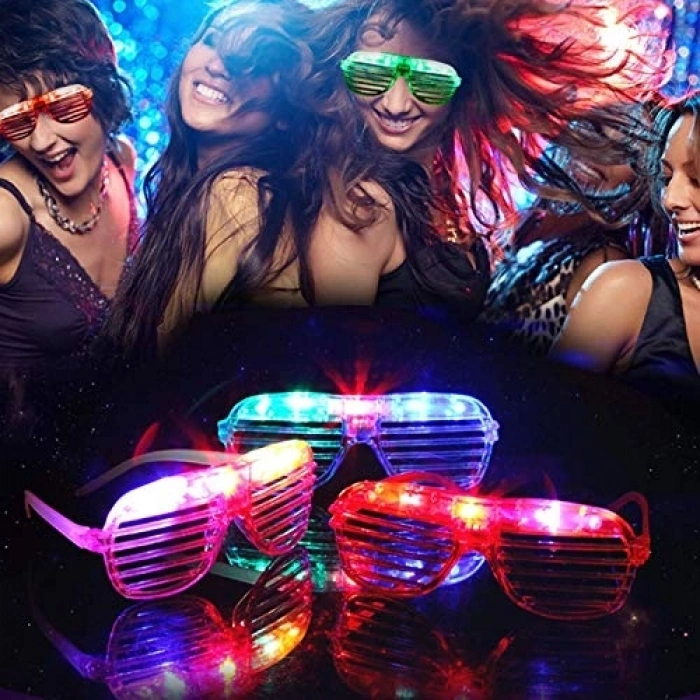 Mey İthalat® Led Işıklı Pilli Panjur Şekilli Rengarenk Yanıp Sönen Lüks Parti Gözlüğü Karışık 12 Adet