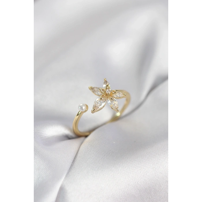Mey İthalat® Lotus Model Zirkon Taşlı Gold Renk Kadın Yüzük