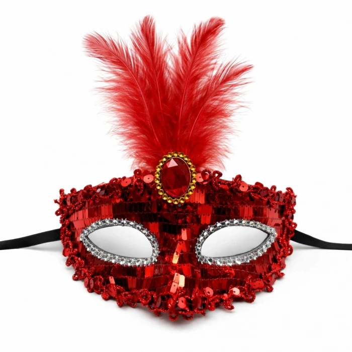 Mey İthalat® Lüks Kırmızı Tüylü Taşlı Balo Maskesi