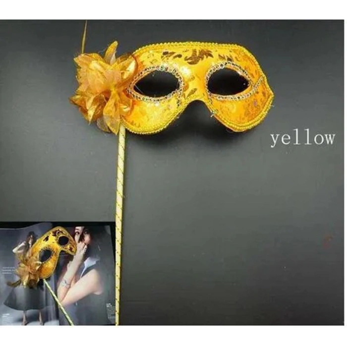 Mey İthalat® Lüks Taşlı Saplı Maskeli Balo Maskesi Altın Renk 35 cm