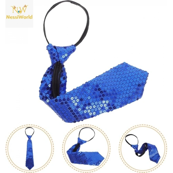 Mey İthalat® Mavi Pul Payetli Işıltılı Parti Kravatı 33 cm