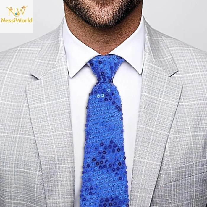 Mey İthalat® Mavi Pul Payetli Işıltılı Parti Kravatı 33 cm