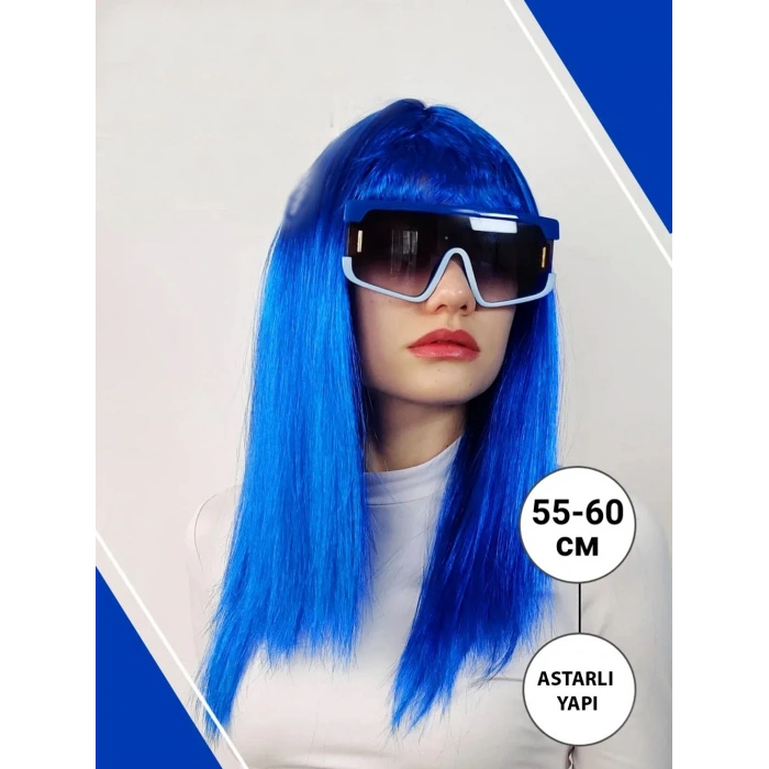 Mey İthalat® Mavi Renk Uzun Parti Peruğu