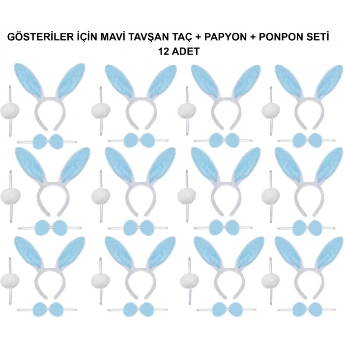 Mey İthalat® Mavi Tavşan Kostüm Seti – Taç, Papyon, Ponpon (12’li Paket)