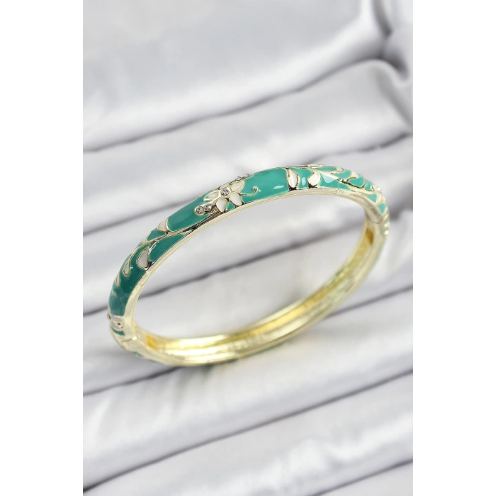 Mey İthalat® Mineli Pirinç Yeşil Çiçek Motifli Kadın Kelepçe