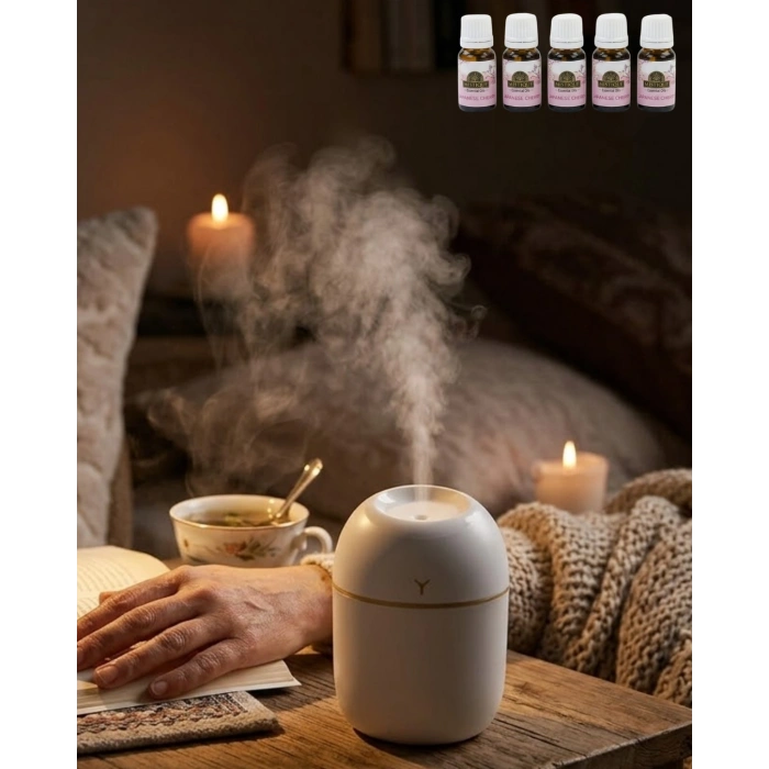 Mey İthalat® Mini Nemlendirici 5 Esans Hediyeli LED Işıklı Taşınabilir Aromaterapi Buhar Makinesi