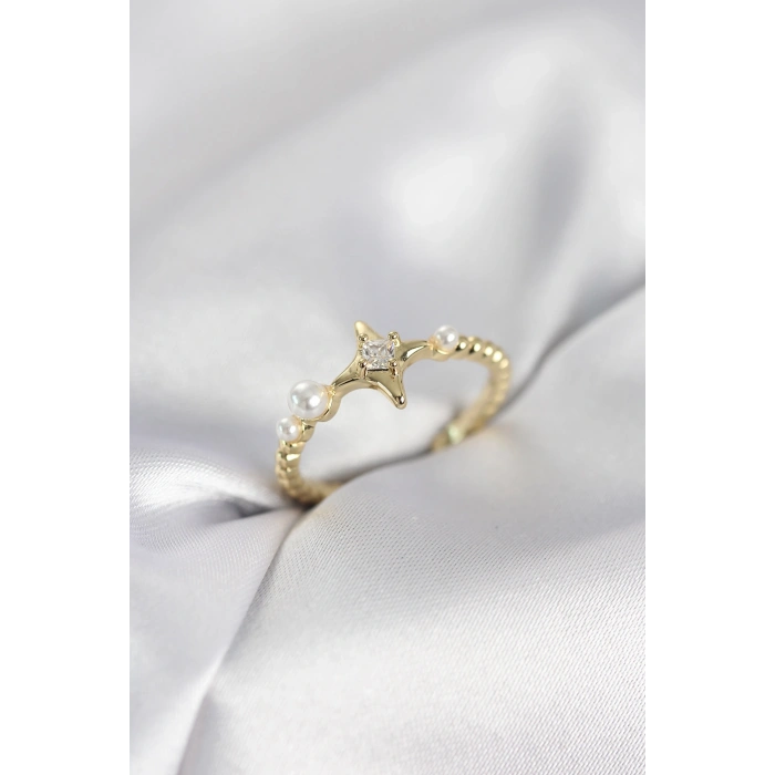 Mey İthalat® Minimal Kutup Yıldızı Model Zirkon Taşlı Gold Renk Kadın Yüzük