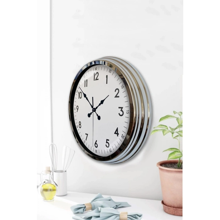 Mey İthalat® Modern Klasik 40 Cm Krom Metal Duvar Saati