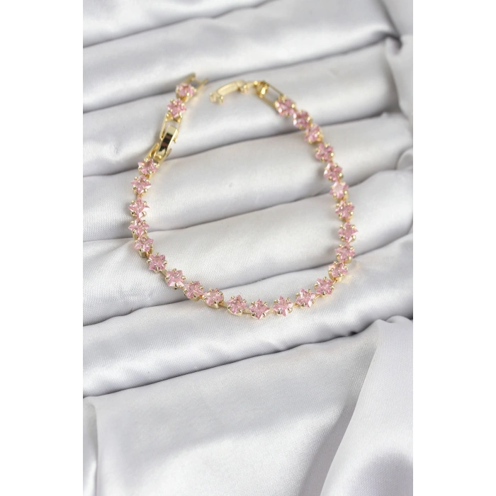 Mey İthalat® Pembe Kare Zirkon Taşlı Gold Renk Pirinç Su Yolu Kadın Bileklik