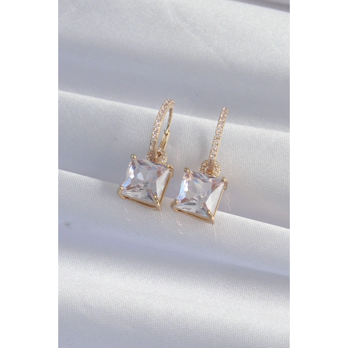 Mey İthalat® Pirinç Gold Renk Kare Zirkon Taşlı Halka Küpe