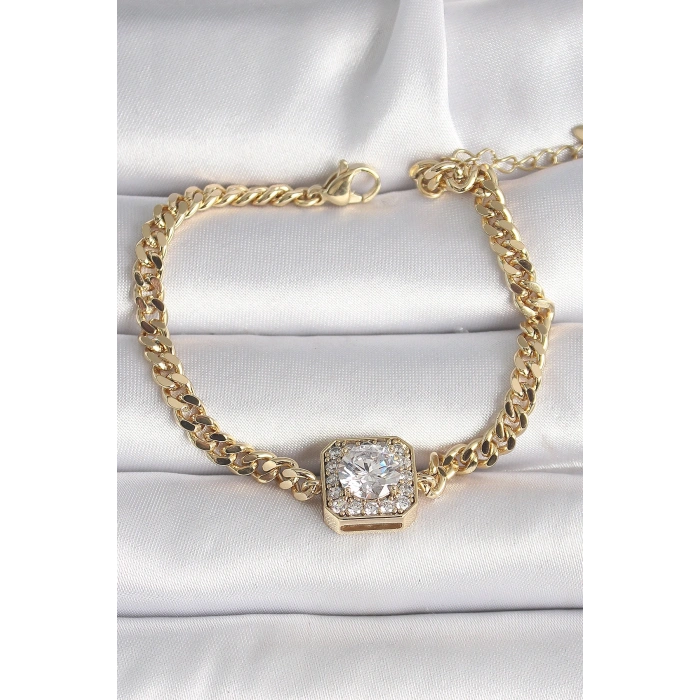 Mey İthalat® Pirinç Gold Renk Kare Zirkon Taşlı Xuping Exclusive VIP Seri Kadın Bileklik