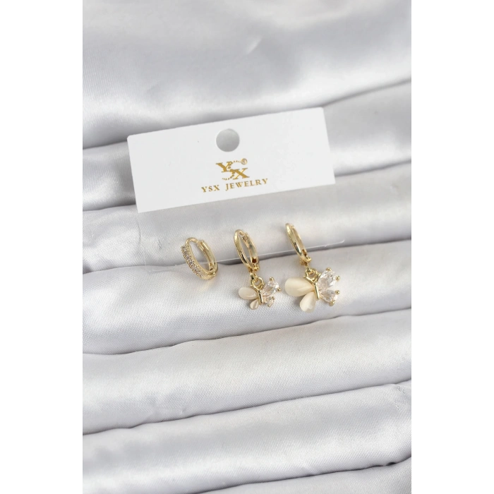 Mey İthalat® Pirinç Gold Renk Kelebek Model 3lü Kadın Küpe