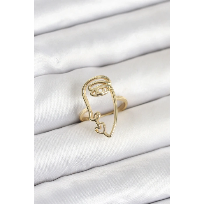 Mey İthalat® Pirinç Gold Renk Picasso Tarzı Tek Çizgi Yüz Model Kadın Yüzük