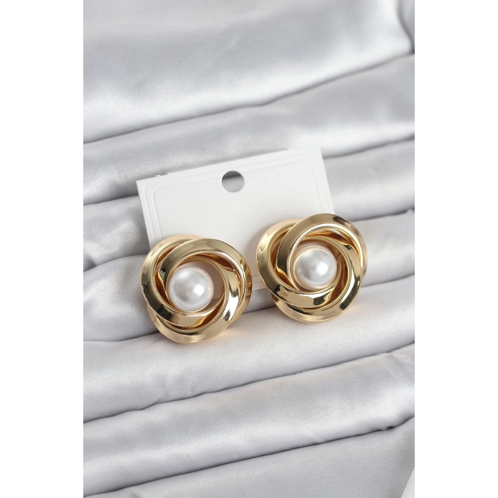 Mey İthalat® Pirinç Gold Renk Sarmal Model İncili Kadın Küpe