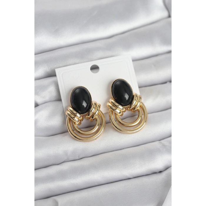 Mey İthalat® Pirinç Gold Renk Siyah Taşlı Vintage Kadın Küpe