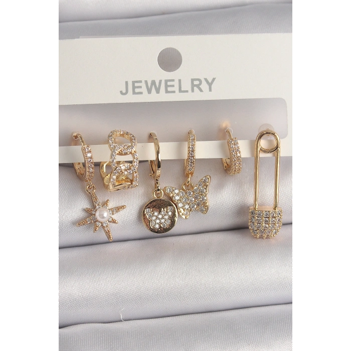 Mey İthalat® Pirinç Gold Renk Zirkon Sallantı Zirkon Taşlı İnci Detay Kelebek Figür Kadın Küpe Seti