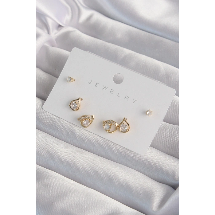 Mey İthalat® Pirinç Gold Renk Zirkon Taşlı Damla Model Küpe Seti