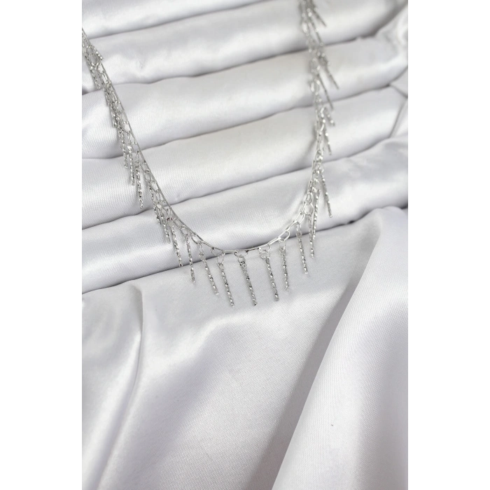 Mey İthalat® Pirinç Gümüş Renk Saçaklı Model Kadın Kolye