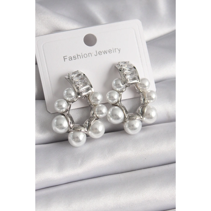 Mey İthalat® Pirinç Gümüş Renk Su Yolu Zirkon Taşlı İncili Halka Model Kadın Küpe