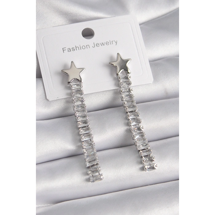 Mey İthalat® Pirinç Gümüş Renk Yıldız Model Su Yolu Zirkon Taş Kadın Küpe