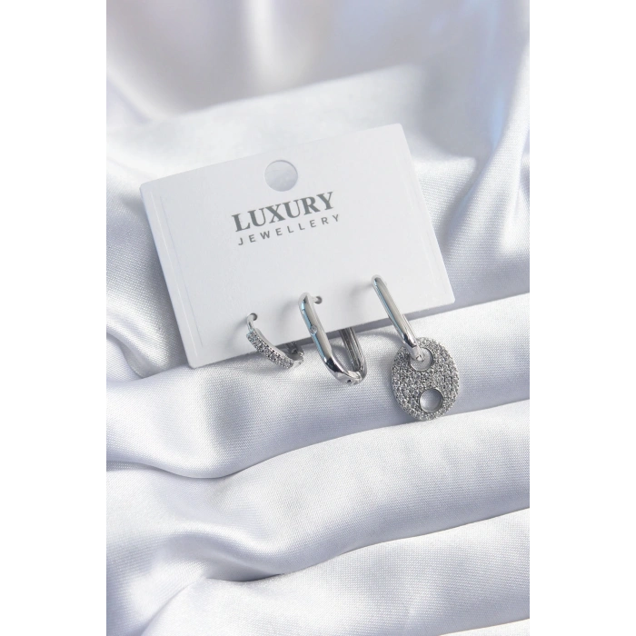 Mey İthalat® Pirinç Gümüş Renk Zirkon Taşlı 3lü Kadın Küpe Seti