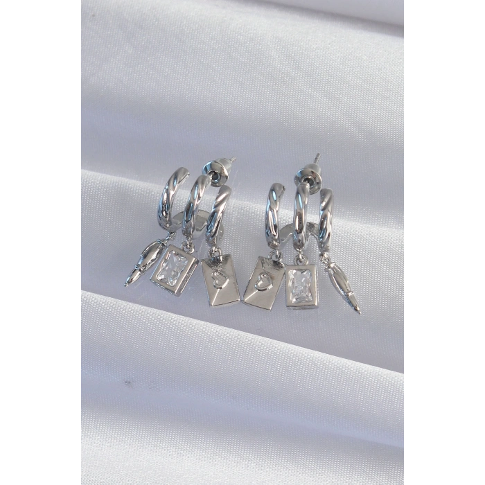 Mey İthalat® Pirinç Gümüş Renk Zirkon Taşlı Çoklu Aksesuarlı Yarım Halka Kaburga Küpe