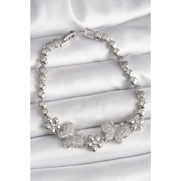 Mey İthalat® Pirinç Gümüş Renk Zirkon Taşlı Kelebek Figür Çiçek Zincir Model Kadın Bileklik