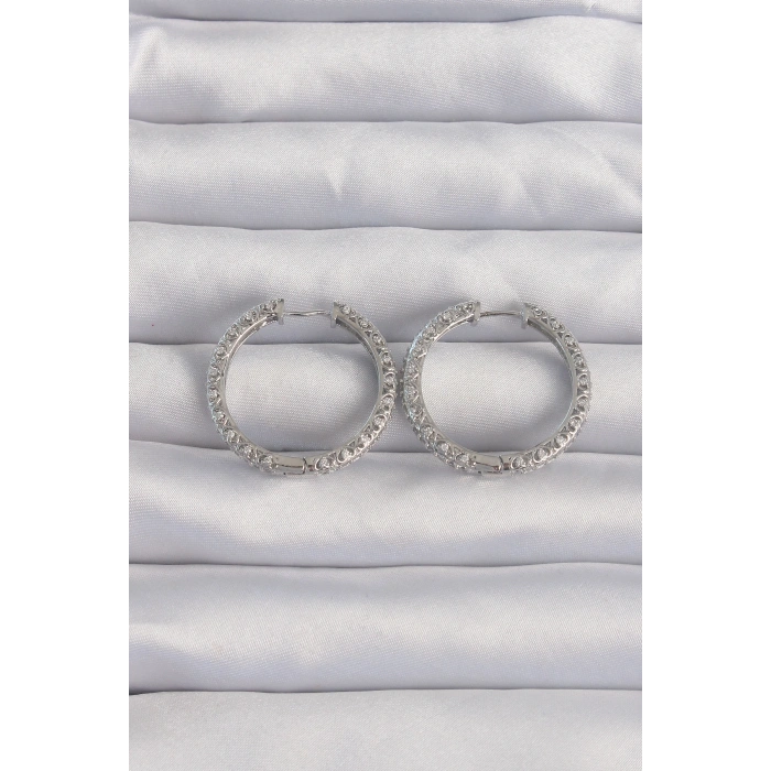 Mey İthalat® Pirinç Gümüş Renk Zirkon Taşlı Motifli Halka Küpe