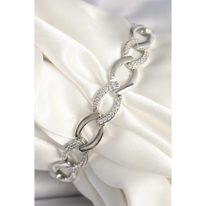 Mey İthalat® Pirinç Gümüş Renk Zirkon Taşlı Oval Zincir Model Kadın Bileklik