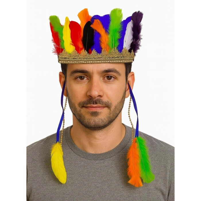 Mey İthalat® Rengarenk Tüylerle İşlenmiş Lastikli Kızılderili Başlığı