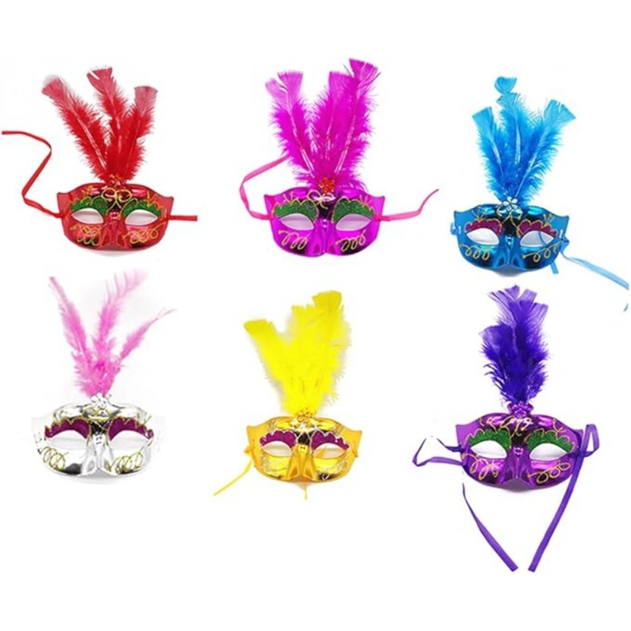 Mey İthalat® Renkli Tüylü Venedik Parti Maskesi Karışık Renk 12 Adet