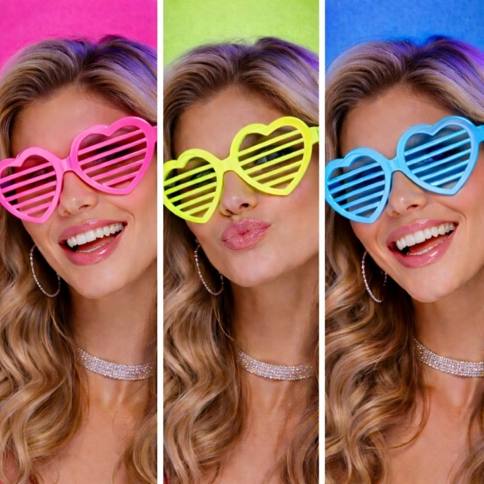 Mey İthalat® Retro Neon Fosforlu Kalp Panjur Gözlük 12 Adet – 80’ler 90’lar Parti Stili