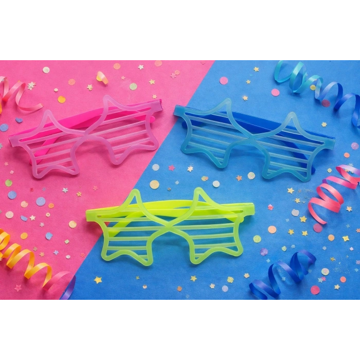 Mey İthalat® Retro Neon Fosforlu Yıldız Panjur Gözlük 12 Adet – 80’ler 90’lar Parti Stili
