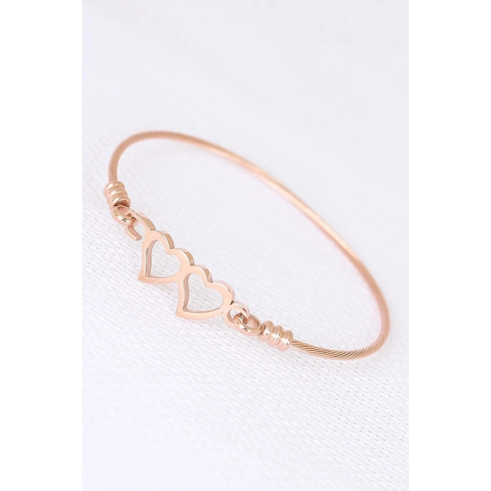 Mey İthalat® Rose Çelik Çift Kalp Figürlü Erkek Kelepçe Bileklik
