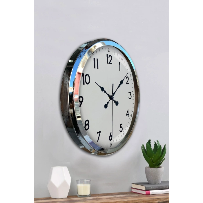 Mey İthalat® Sade Ve Şık Krom 52 Cm Metal Dekoratif Duvar Saati