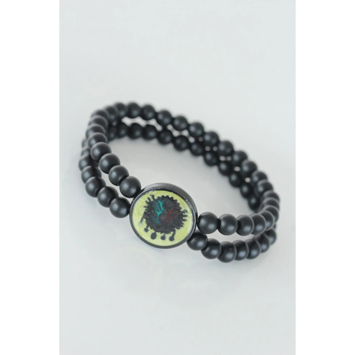 Mey İthalat® Sarı Renkli Metal Üzerine Osmanlı Arma Figürlü Siyah Renk Çift Sıra Doğal Taş Erkek Bileklik