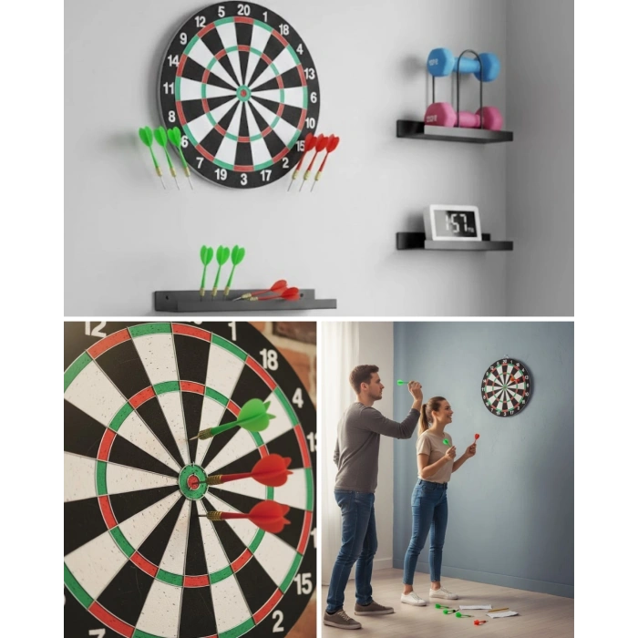 Mey İthalat® Şık Tasarımlı 15 İnç Dart Tahtası Metal Uçlu 4 Ok Seti