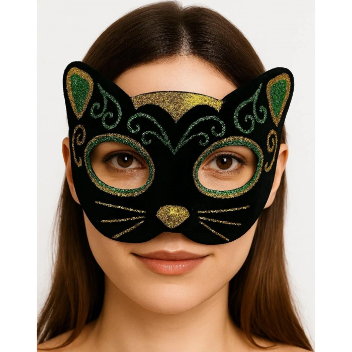 Mey İthalat® Siyah Kadife Kaplama Üzeri Sarı Yeşil Sim İşlemeli Kedi Maskesi 20x13 cm