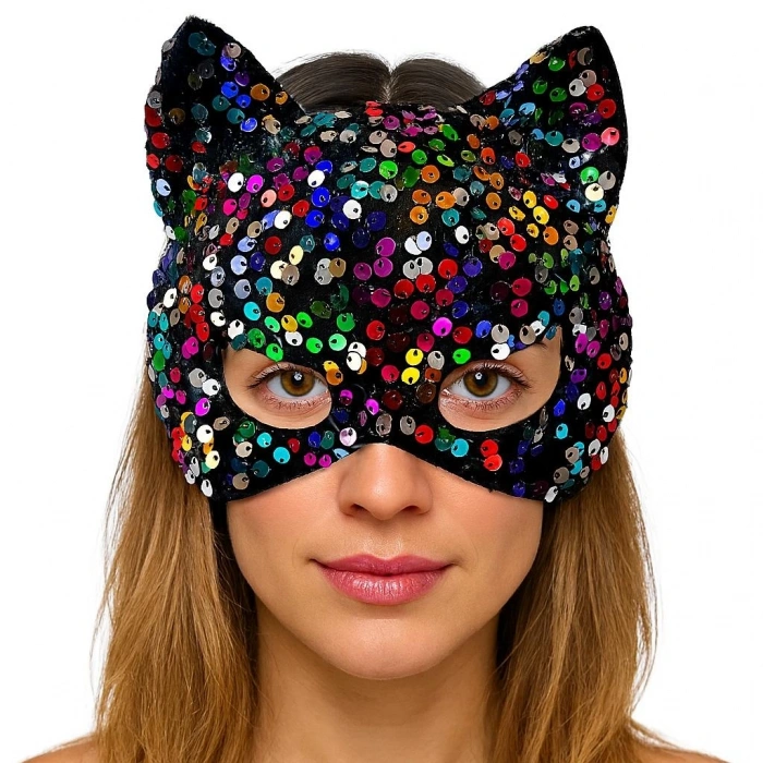 Mey İthalat® Siyah Kadife Kumaş Üzerine Rengarenk Payetli Pullu Parti Maskesi 16x14 cm