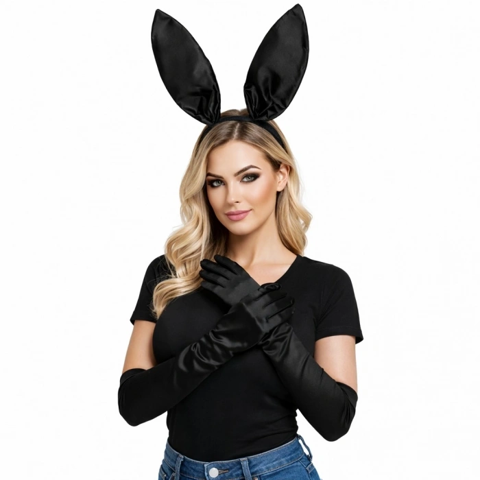 Mey İthalat® Siyah Parlak Tavşan Kulak ve 40 cm Parlak Siyah Eldiven Kostüm Seti