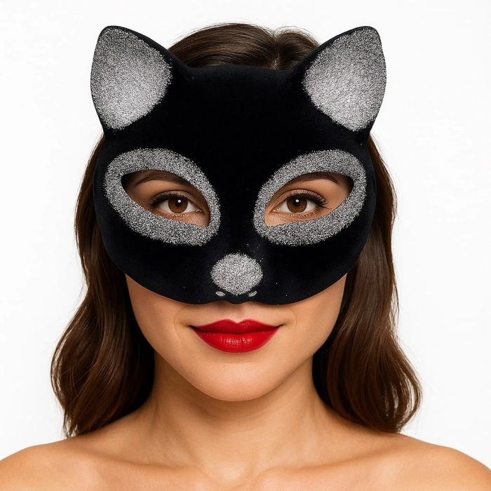 Mey İthalat® Siyah Renk Gümüş Simli Süet Kaplama Kedi Maskesi 18x14 cm