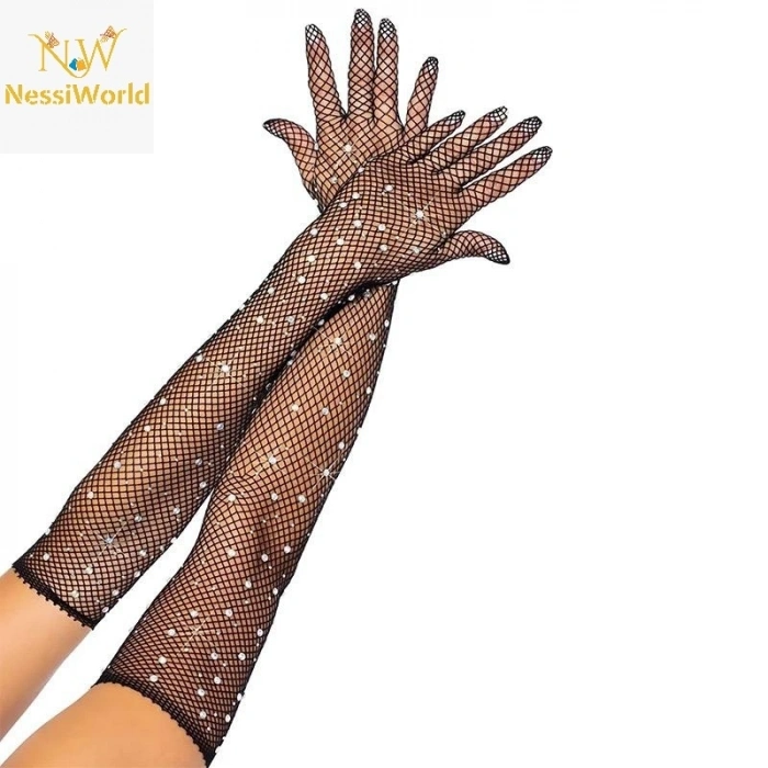 Mey İthalat® Siyah Renk İncili Elmas İşlemeli File Örgü Uzun Eldiven 45 cm