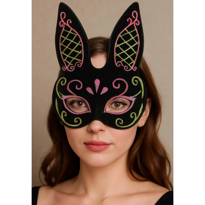 Mey İthalat® Siyah Renk Pembe Gold Simli Siyah Süet Kaplama Tavşan Maskesi 18x16 cm