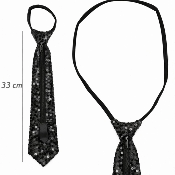 Mey İthalat® Siyah Renk Pul Payetli Işıltılı Parti Kravatı 33 cm
